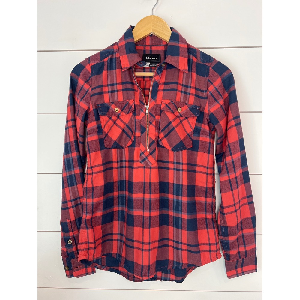 Marmot Womens Red Navy Blue Plaid Flannel Quarter Zip Pullover Shirt XS gorpcore
